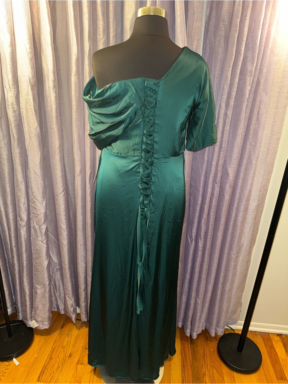 NWT Emerald Green One-Shoulder Satin Corset Formal Gown - Picture 3 of 5